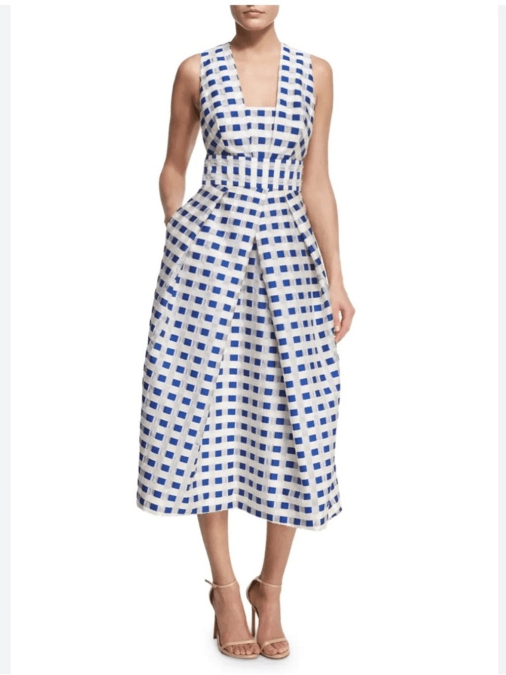 Milly Elisa Gingham Fil Coupé Midi Dress Womens 8 Cobalt Blue A-Line